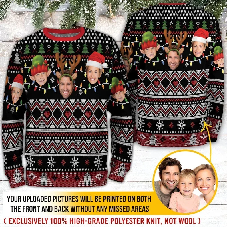 Peribadikan Foto Anda Cetakan 3D Sweater Krismas Hodoh Pakaian Seluar Wajah Keluarga DIY Baju Baju Imej Lucu Hadiah Xmas Peribadi Uniseks