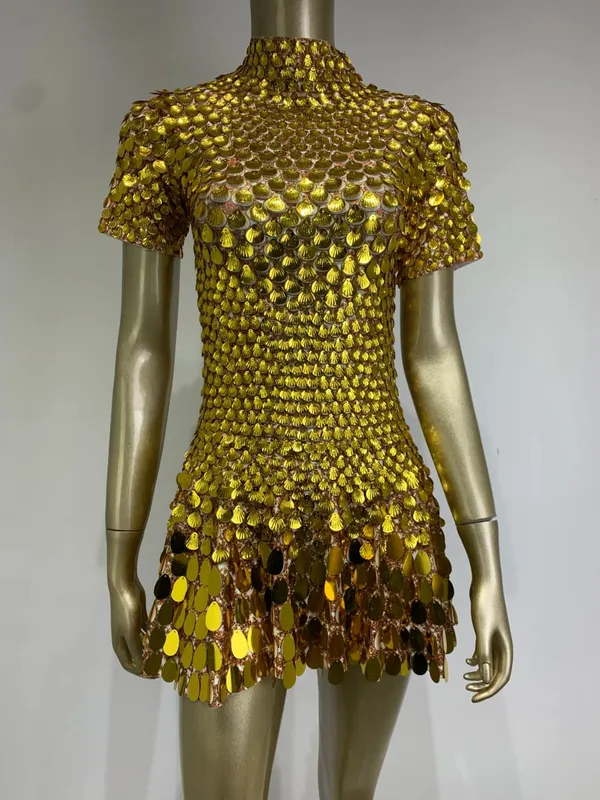 Estate donna moda mezzo collo alto manica corta sirena lucida paillettes mini abito club abito discoteca costume da spettacolo teatrale — image 10