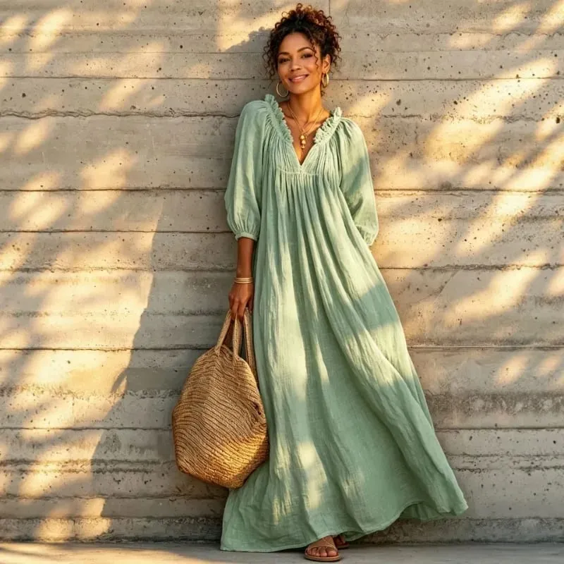 Women Boho Dresses V Neck Lantern Sleeve Maxi Dress Vacation Loose Beach Cover Up Dress Spring Summer Overall Jumpsuit Playsuit — image 4