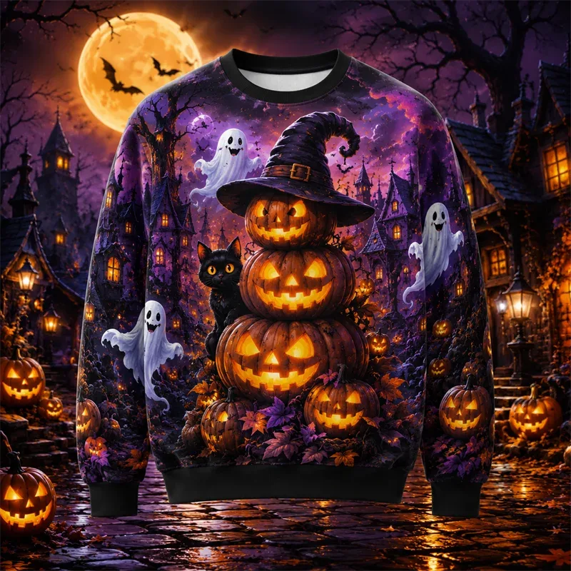 2026 New Pumpkin Print Halloween Sweatshirts Fashion Trendy Long Sleeve Holiday Wear Sweater Loose Streetwear Hip Hop Pullovers — image 5