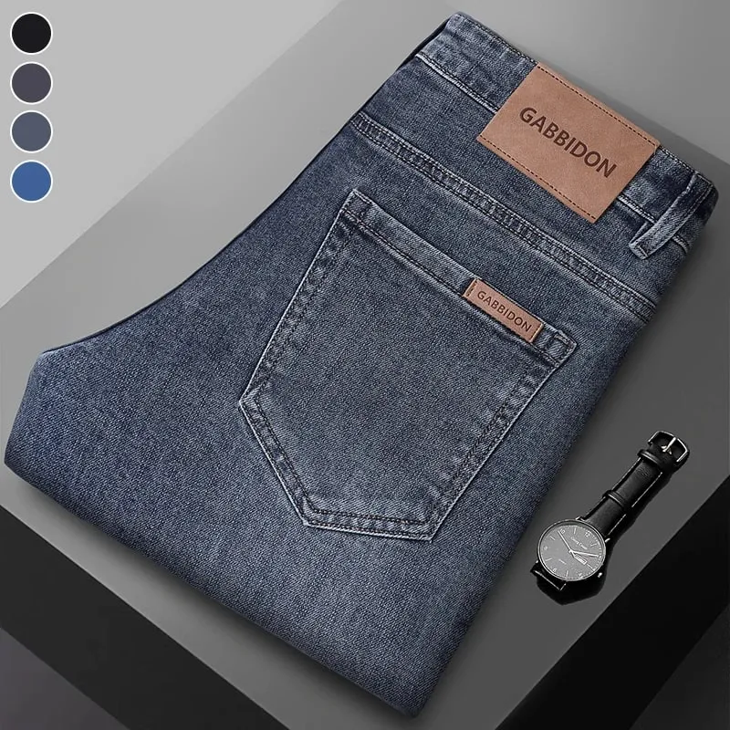 Spring New Men's Straight Jeans Comfortable Elastic Casual Business Work Trousers Retro Blue Fashion Fit Washed Denim Pants