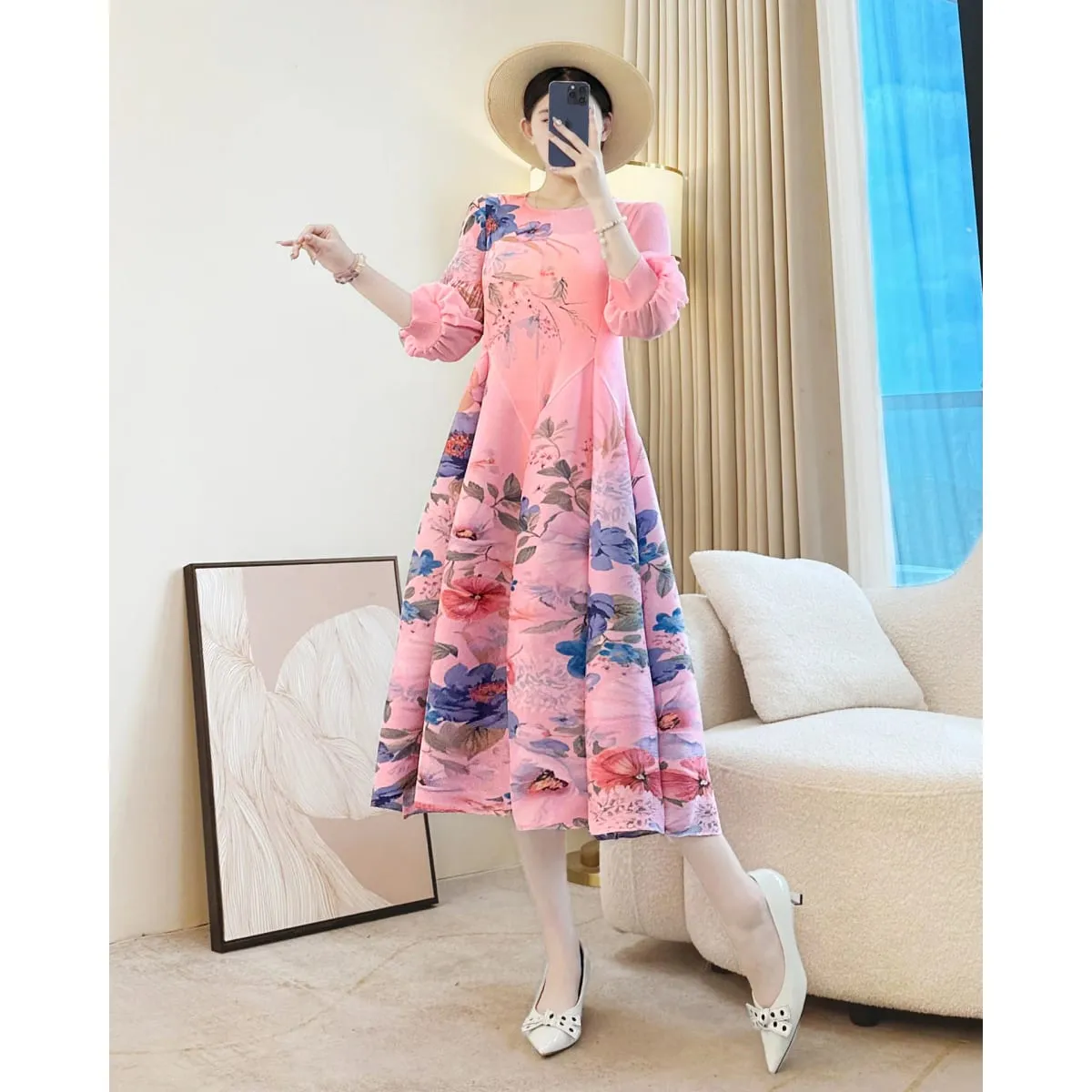 Miyake – robe plissée à imprimé Floral pour femmes, élégante, Chic, col rond, manches lanternes, élastique, ample, décontractée, nouvelle collection — image 3