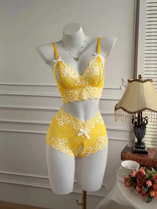 4 Sets Combined Romantic Lingerie Open Bra Transprent Underwear Set Crotchless Lace Pullover Outfits Embroidery No Pad Wireless — image 10