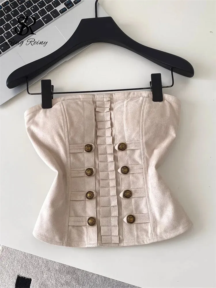 Fake Suede Senior Vintage Tank Top Autumn Female Metal Button Bodycon Top French Sensual Chic Commute Party Camisole