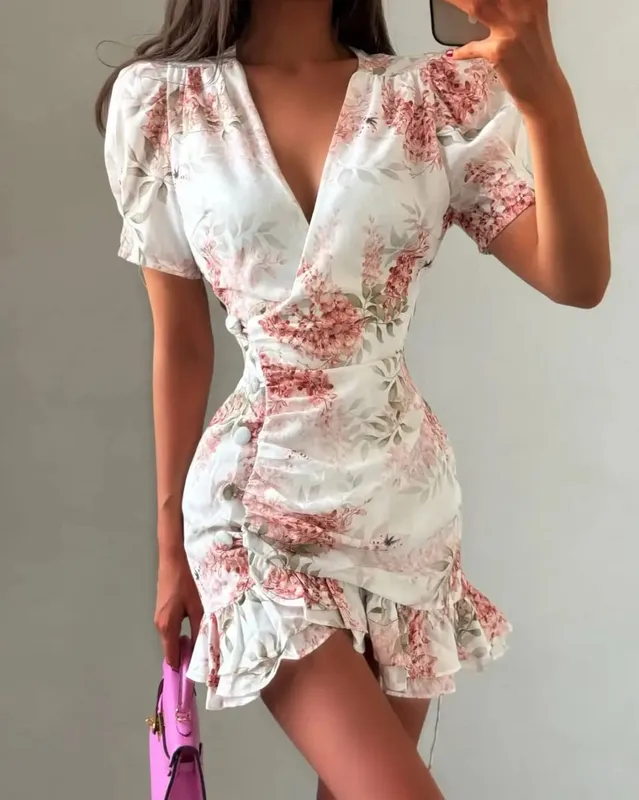 Chic Ruffle Print Slim Short Dress Women Chic Patchwork Flared sleeves V-neck Pleated Dresses 2026 Lady Summer Casual Vestidos