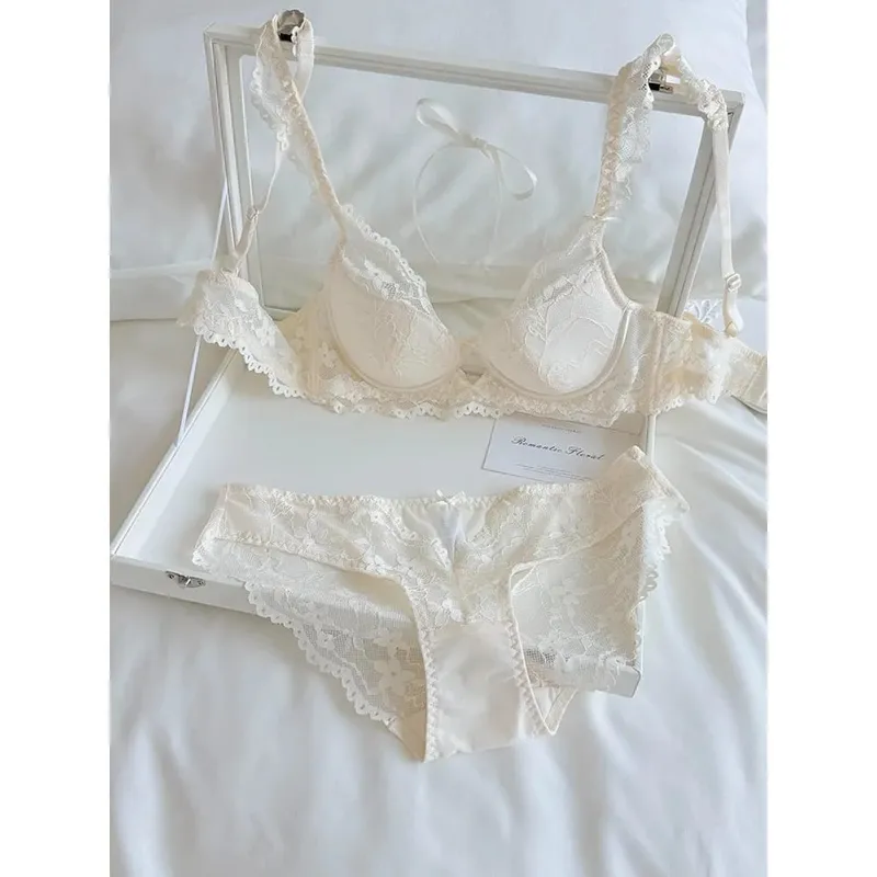 Feminino francês flutter manga renda lingerie conjunto macio underwire copo fino respirável sexy beleza volta minimizador sutiã 32-38 — image 2