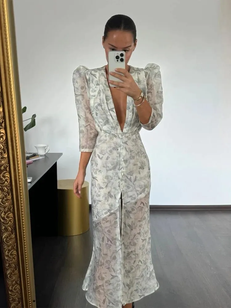 Fesyen Seksi Organza Floral Printed Maxi Dress V-neck Puff Sleeve 2026 Musim Panas Baru Romantik Wanita Gaun Pesta Wanita Elegan Vestido