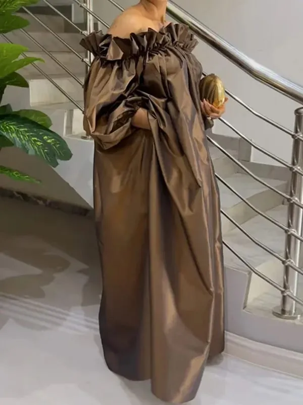 Freeacy Summer Women's Dress Solid Color Elastic Off-the-shoulder Puff Sleeve Loose Maxi Dress 2026 Fashion Casual Party Dresses