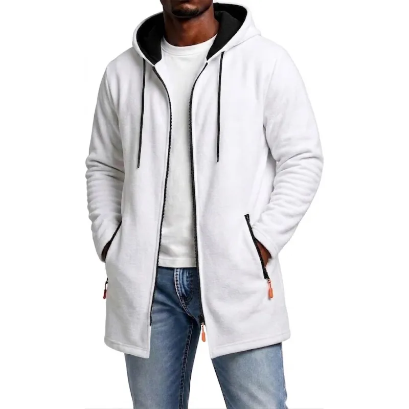 New Men's Zip Up Hoodie Casual Mid-Length Sweatshirts Fleece Jacket Warm Winter Hooded Trench Coat Outerwear with Zipper Pockets — image 7