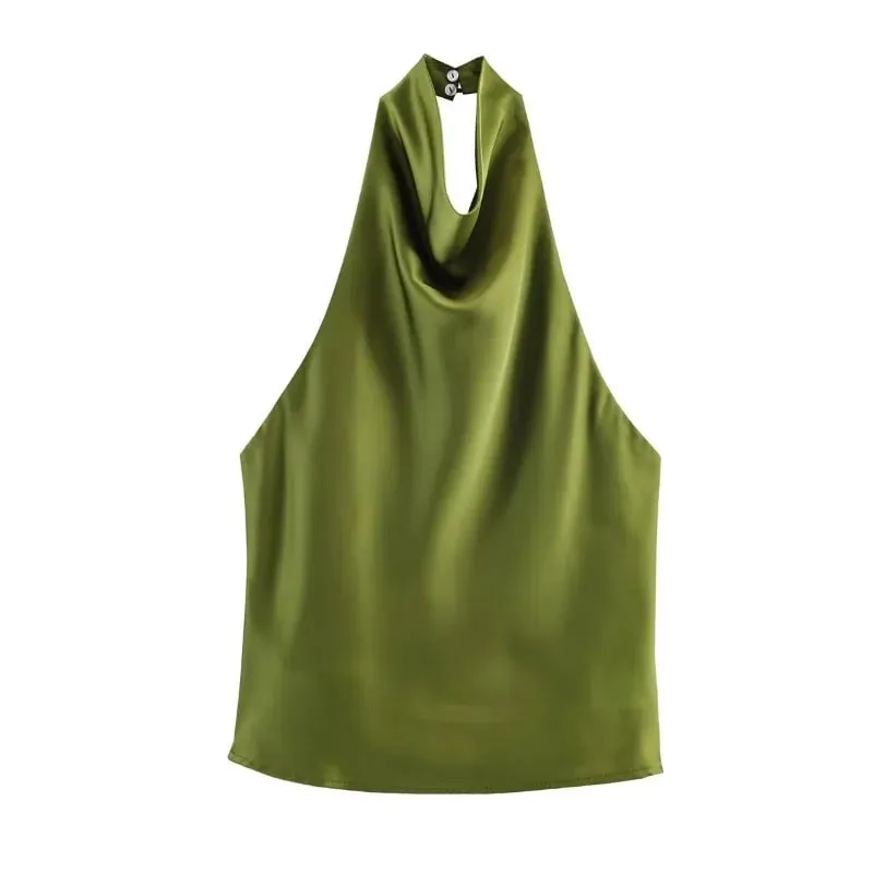 Women's Satin Halter Neck Sleeveless Top Summer Elegant Draped Collar Blouse Smooth Chic Office Party Wear Evening Outings — image 3