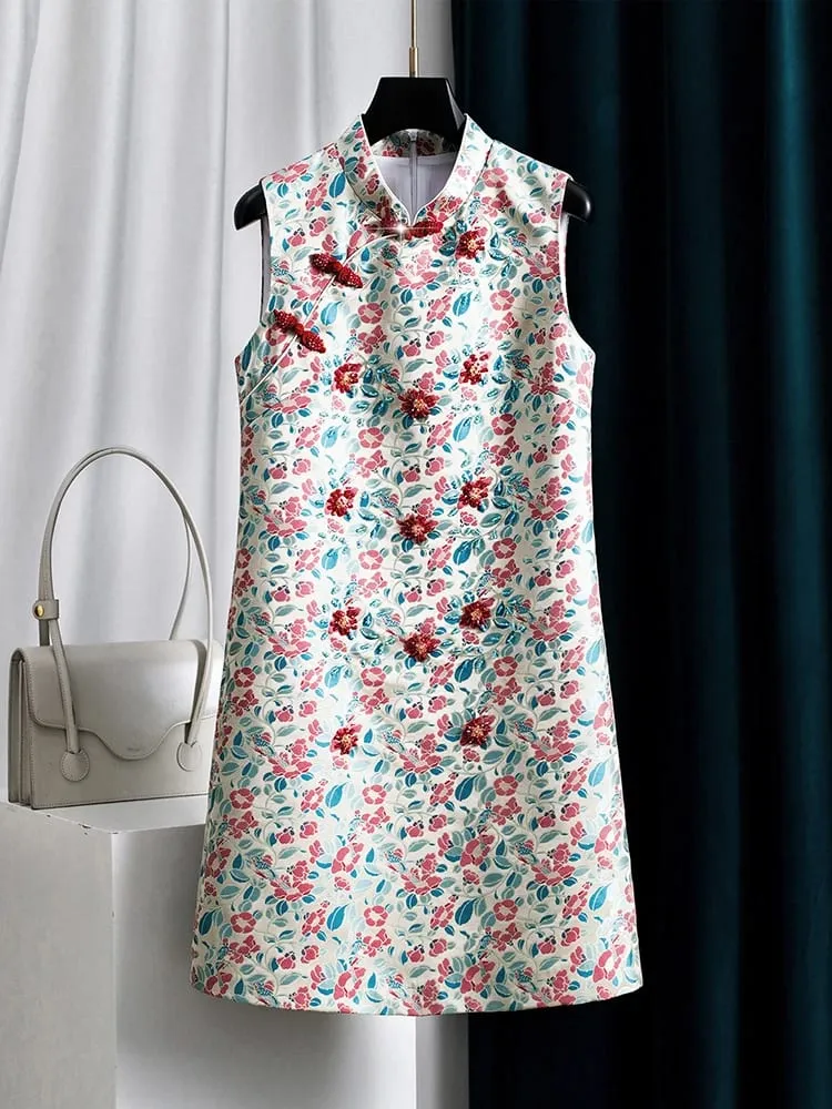 Elegant Chinese Style Modified Qipao Stand Collar Sleeveless Tank Dress for Women Autumn Light Luxury Chic Party Cocktail Gown — image 1