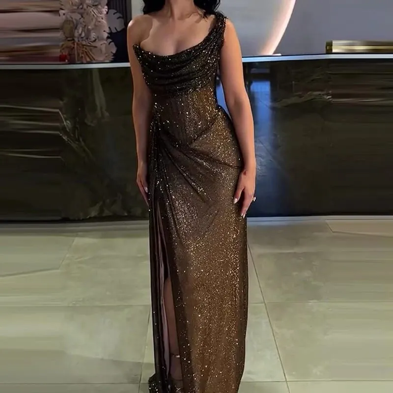 เซ็กซี่ Elegant ความยาวเต็มสูงแยกชุด Chic Girdling จัดเลี้ยง Maxi ชุดผู้หญิงหรูหราหนึ่งไหล่ Glitter Slim Dress — image 4