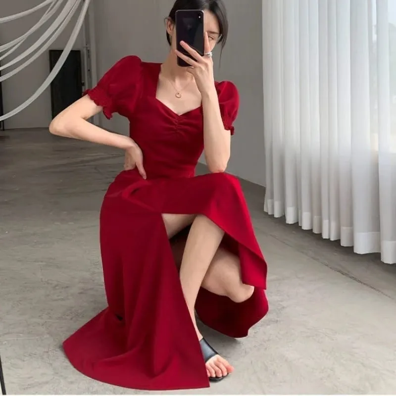 Pakaian Celah Elegan Lengan Pendek Puff Pepejal Fesyen Baru Pakaian Penuh Leher V Wanita Pinggang Tinggi Slim Pesta Malam Vestidos — image 5