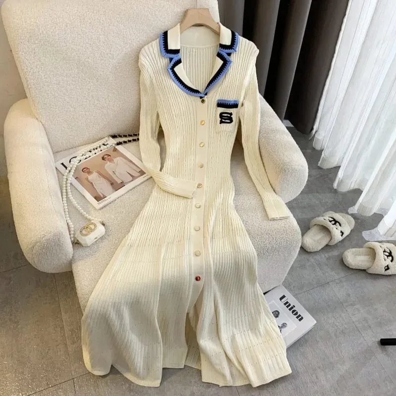 YuooMuoo marca de moda de una pieza de punto Maxi Vestido de mujer elegante con cuello en V con volantes cintura delgada ceñido al cuerpo suéter Vestido de fiesta