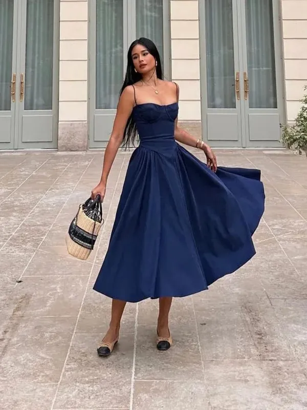 Suninheart Gaun Midi Tali Spaghetti Elegan Gaun Pesta A Line Ramping Gaun Liburan Ulang Tahun Kasual Biru Navy Pakaian Wanita