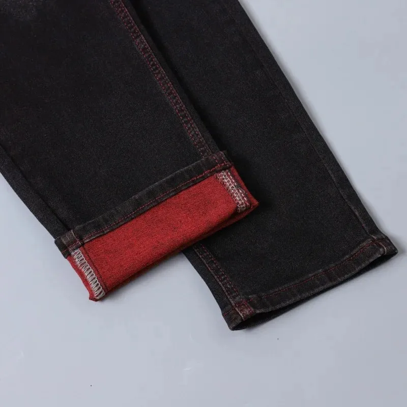 Vaqueros elásticos negros para hombre para primavera y otoño Pantalones vaqueros con detalles rasgados rojos Tallas asiáticas 28–42. — image 5
