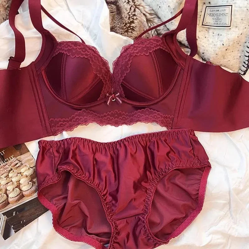 Draht Frei Baumwolle Dicken Push-Up Bh Höschen Spitze Frauen Unterwäsche Sets Retro Rot Stil Nahtlose Damen Dessous Weibliche Dessous