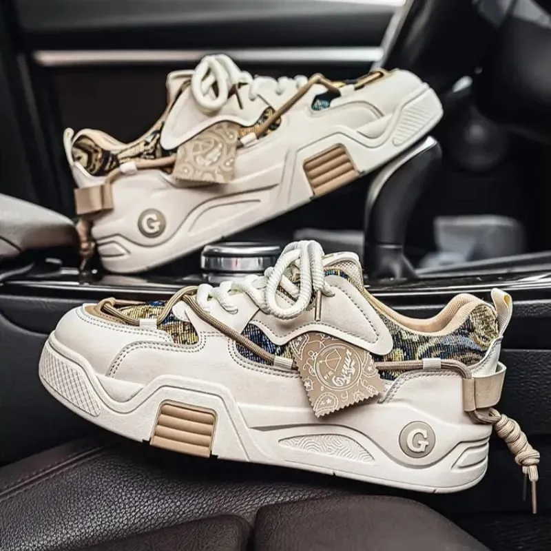 Spring Summer Men Sneakers Chunky Sole Casual Shoes Retro Color Block Graphic Print Lace Up Thick Flat Platform Footwear — image 6