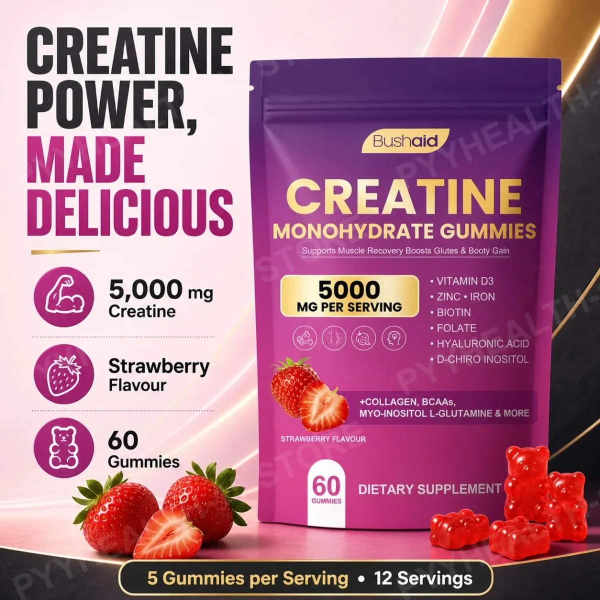 BushAid Creatine Monohydrate Gummies for Post-Workout Muscle Recovery with Multi-Collagen Blend BCAA and Zinc 60 Gummies — image 2