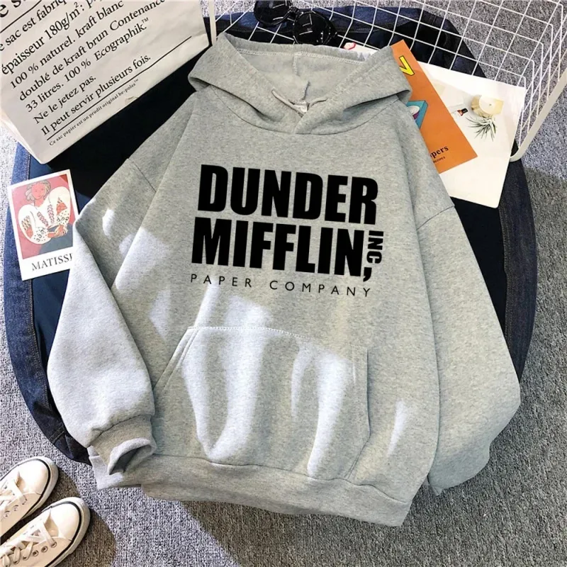 Dunder Mifflin Hoodie Paper Company Office TV Show Slogan Minimalist Aesthetic Grey Oversized Casual Sport Sweatshirts