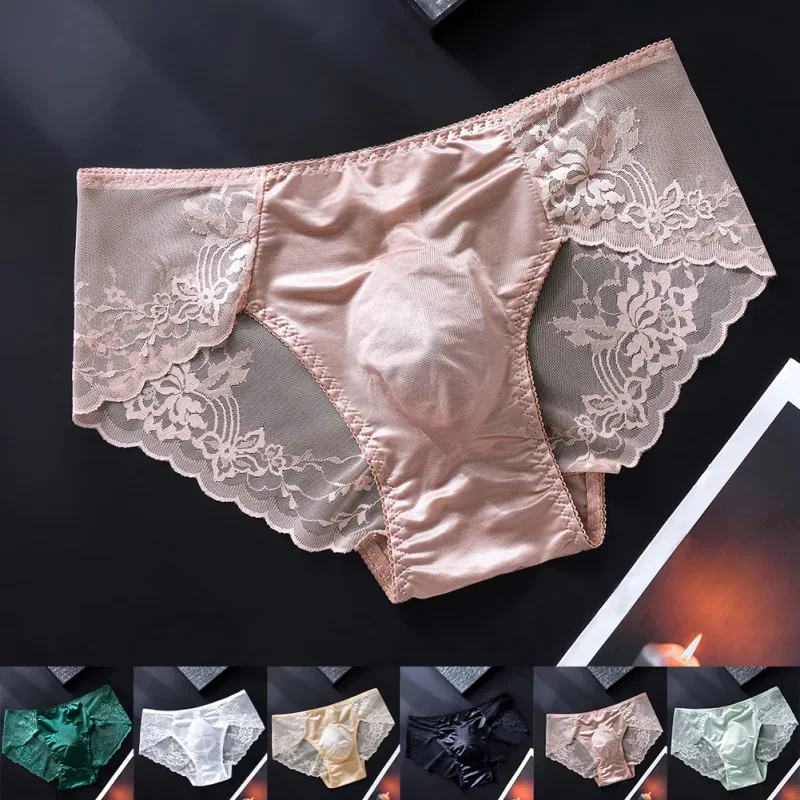 Men Lace Briefs Seamless Ice Silk Briefs Underwear 3D Bulge Pouch Low Waist Gay Panties — image 2