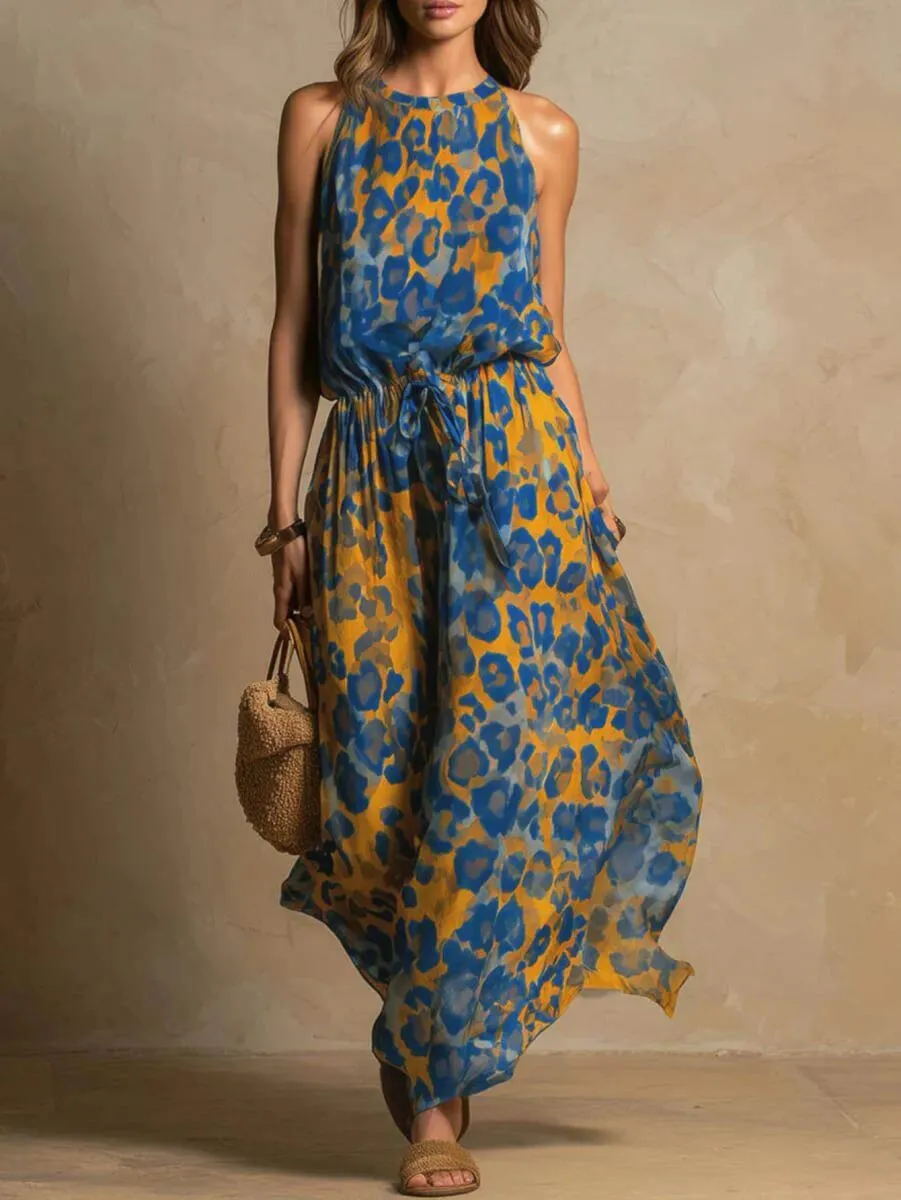 Women's Halter Sleeveless Maxi Dress Leopard Print Waist Tie Detail Loose Fit Long Dress Fashion Casual Ladies Daily Wear — image 2