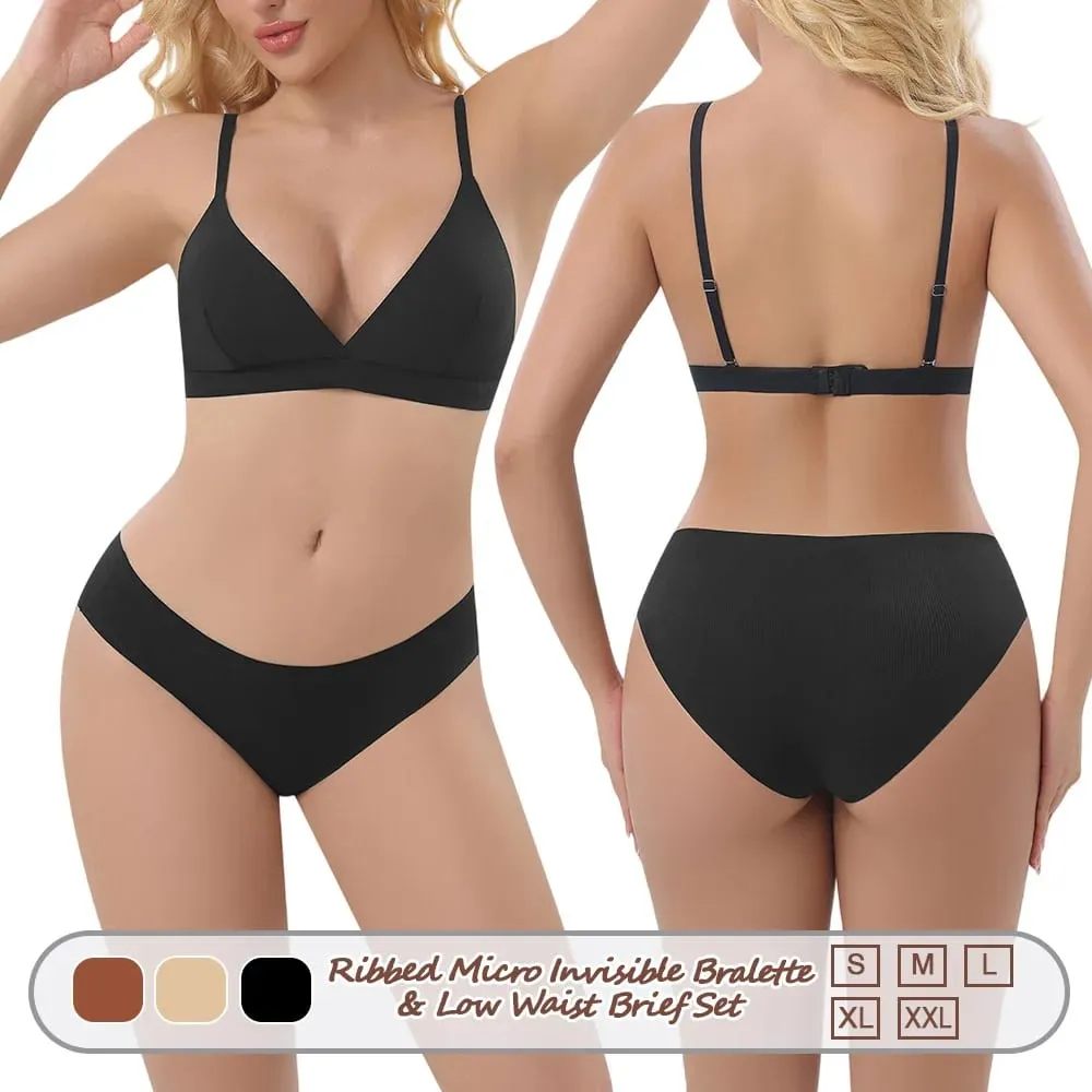 Women's Seamless Rimless Bra Ribbed Triangle Cup Underwear Briefs Set Underwear Women Set Sexy Lingerie