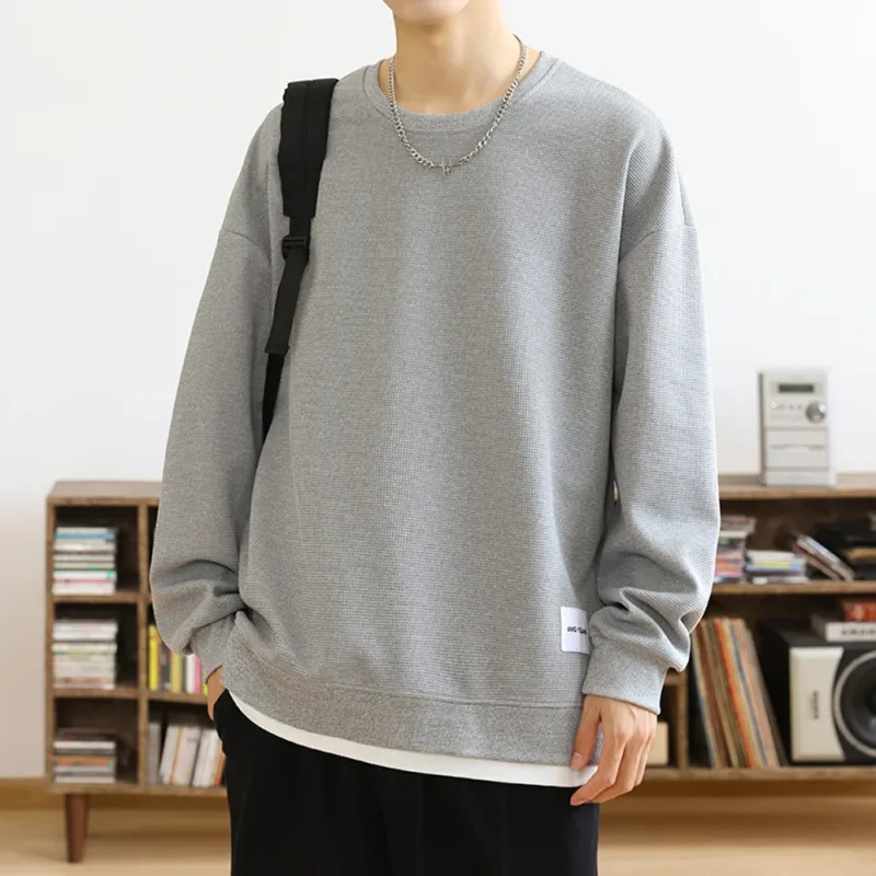 Loose for Fit Plaid Sweatshirt for Men with Long Sleeves Round Neck and Fake Two-Piece Visual Design for Everyday Use — image 23