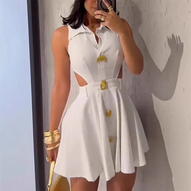 Summer Solid Color High Waist Pleated Dresses Office Lady Lapel Button A-line Dress Sexy Hollow Out Sleeveless Slim Short Dress