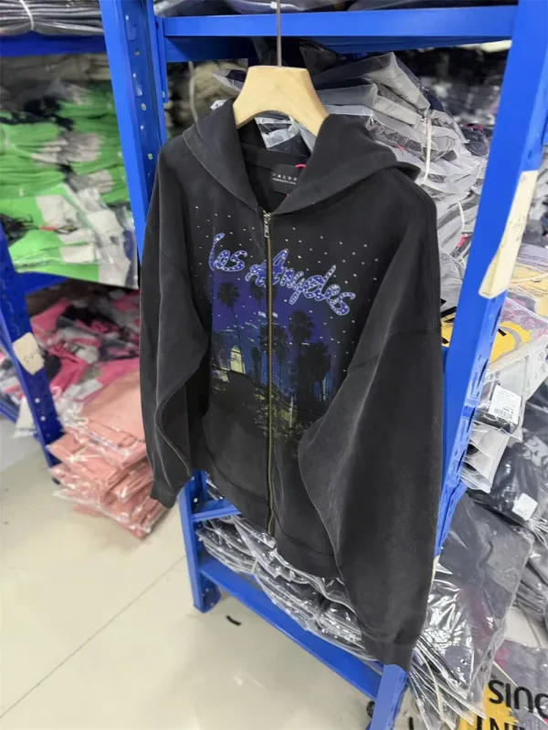 False Rhinestone Starry Sky Pattern Print Washed Zipper Loose Hoodie Street Casual Cotton Versatile Sports Trendy Sweatshirt
