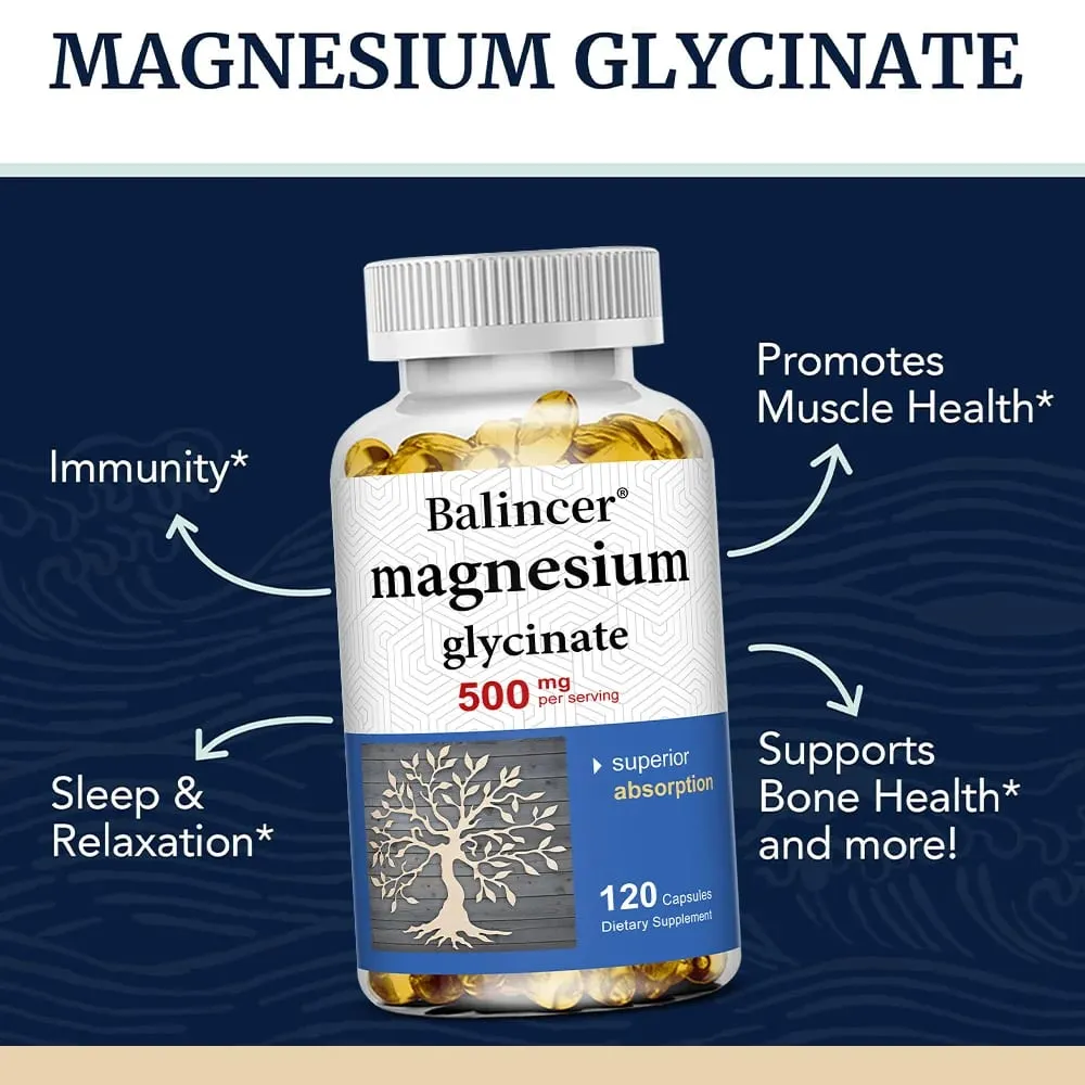 Magnesium Glycinate Capsules 500mg - Supports Muscle Joint and Heart Health Promotes Deep Sleep