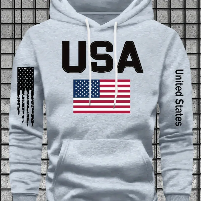 Urban patriotic-themed men's hooded sweatshirt with USA lettered and flag graphics. Street fashion design, loose turtleneck top. — image 7