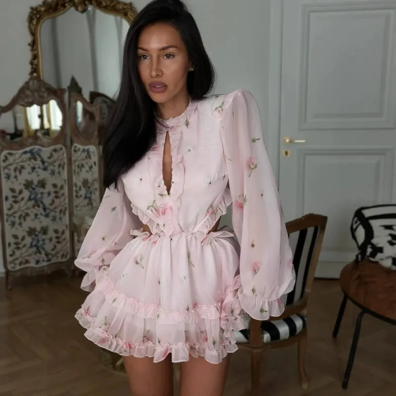 Mini robe à imprimé Floral, dos nu, élégante, col rond, manches longues, volants, robes trapèze, Chic, vacances, été