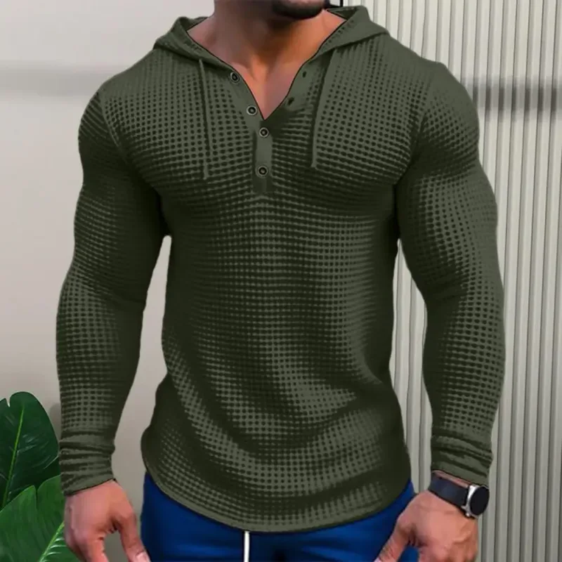 Warna Pepejal Musim Bunga Slim Fit Lengan Panjang T-shirt Lelaki Bertudung Bernafas Sukan Atasan Wafel Kapas Baju Lengan Panjang Kasual — image 2