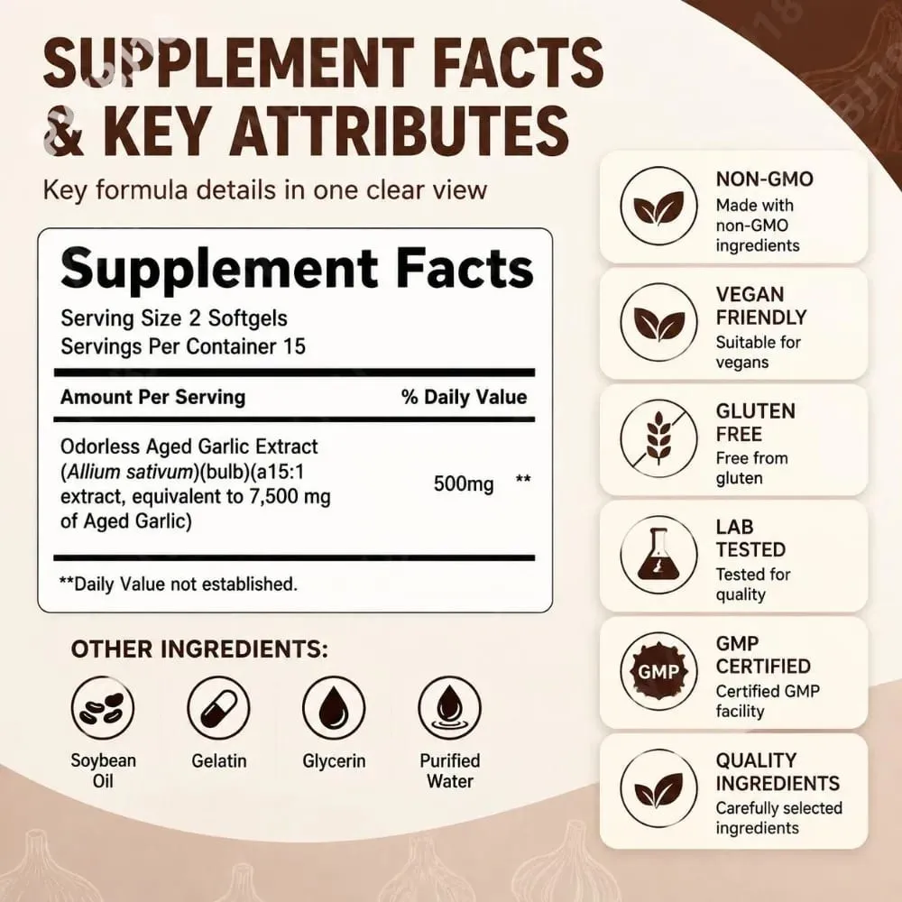 Ekstrak Bawang Putih Berumur Tidak Berbau Softgels 7500mg Herba Fermentasi 24 Bulan Formula Botani Sokongan Imun Kardiovaskular 30 Kiraan