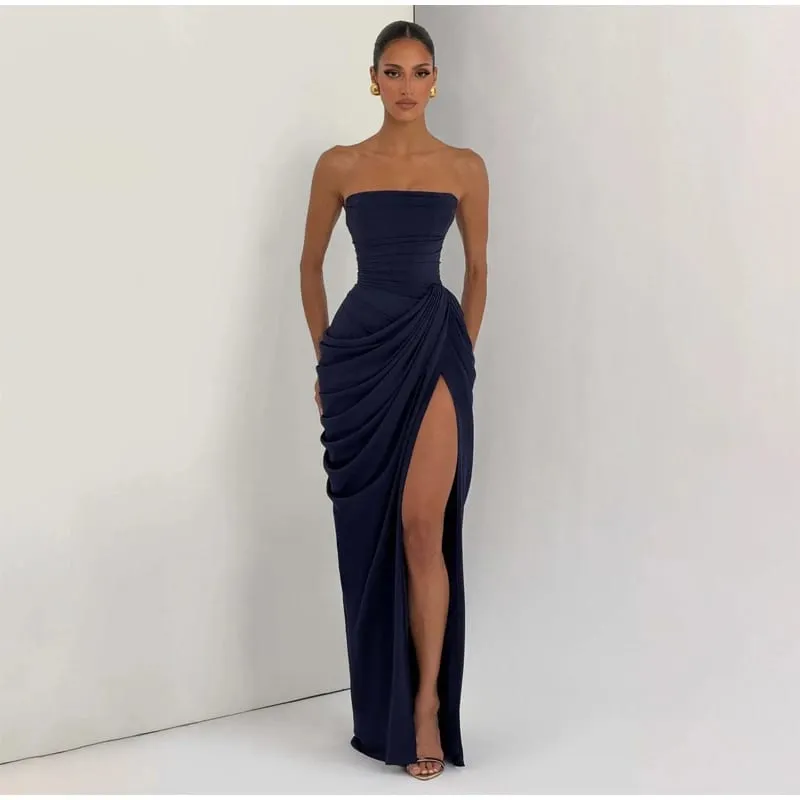 Dámské sexy jednobarevné plisované šaty dámské elegantní bez ramínek, bez ramínek, s vysokým pasem, rozděleným šatem 2026 letní večerní společenské šaty — image 6