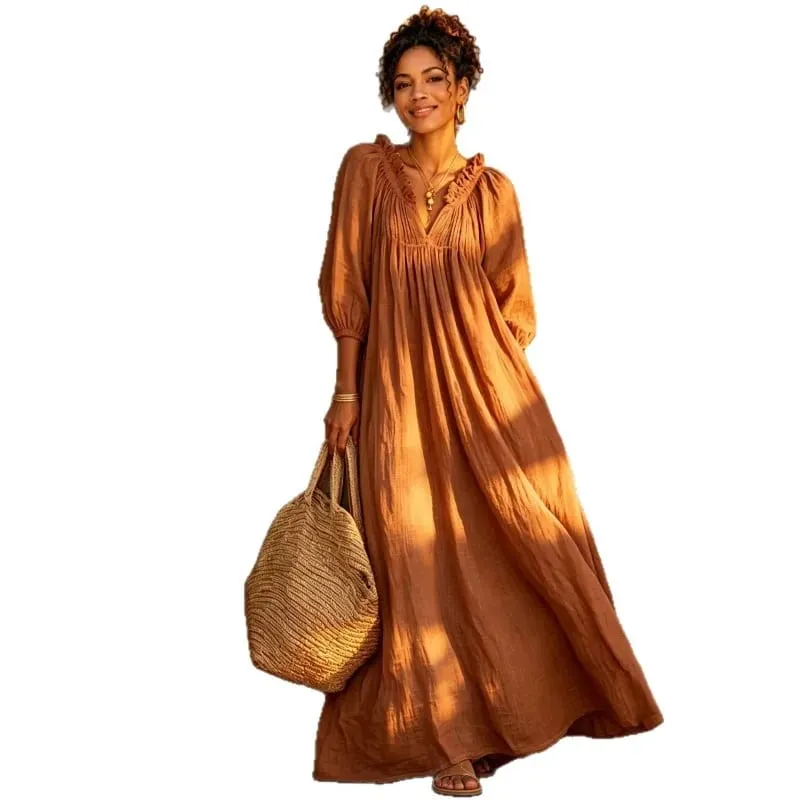 Women Boho Dresses V Neck Lantern Sleeve Maxi Dress Vacation Loose Beach Cover Up Dress Spring Summer Overall Jumpsuit Playsuit — image 6