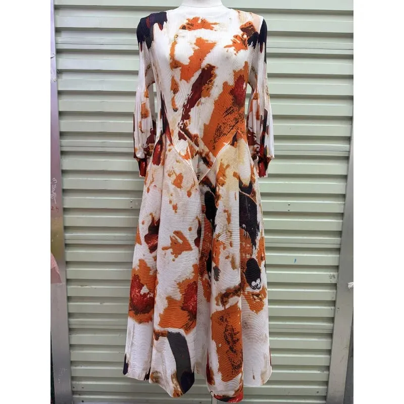 Miyake Plissee Kleider 2026 Herbst Neue Sanfte Französisch Druck Elegante Stretch Plus Größe frauen Langarm Bounce Blume Knospe kleid — image 12