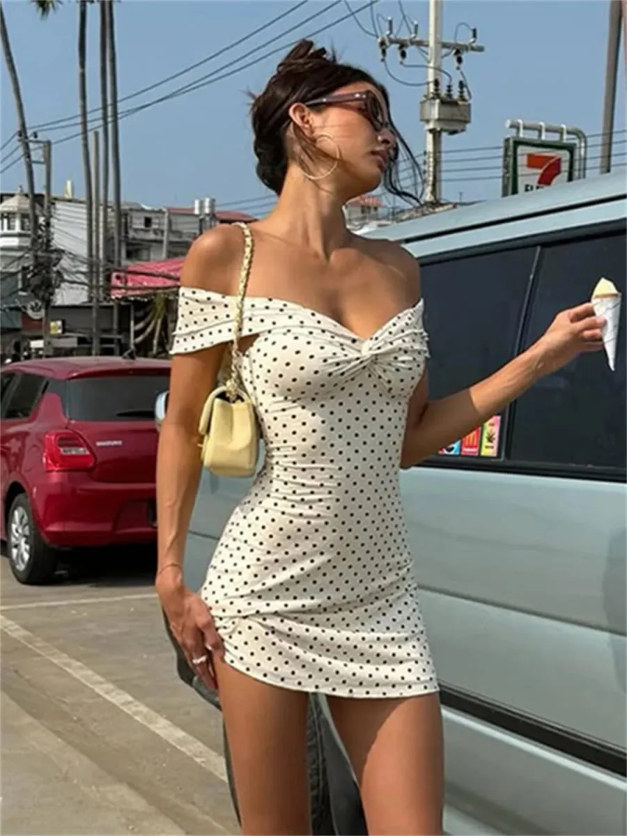 Whatiwear Abito di tendenza sexy Donna Stampa a pois Slash Neck Increspato Patchwork Senza maniche Moda Summer Street Party Mini aderente