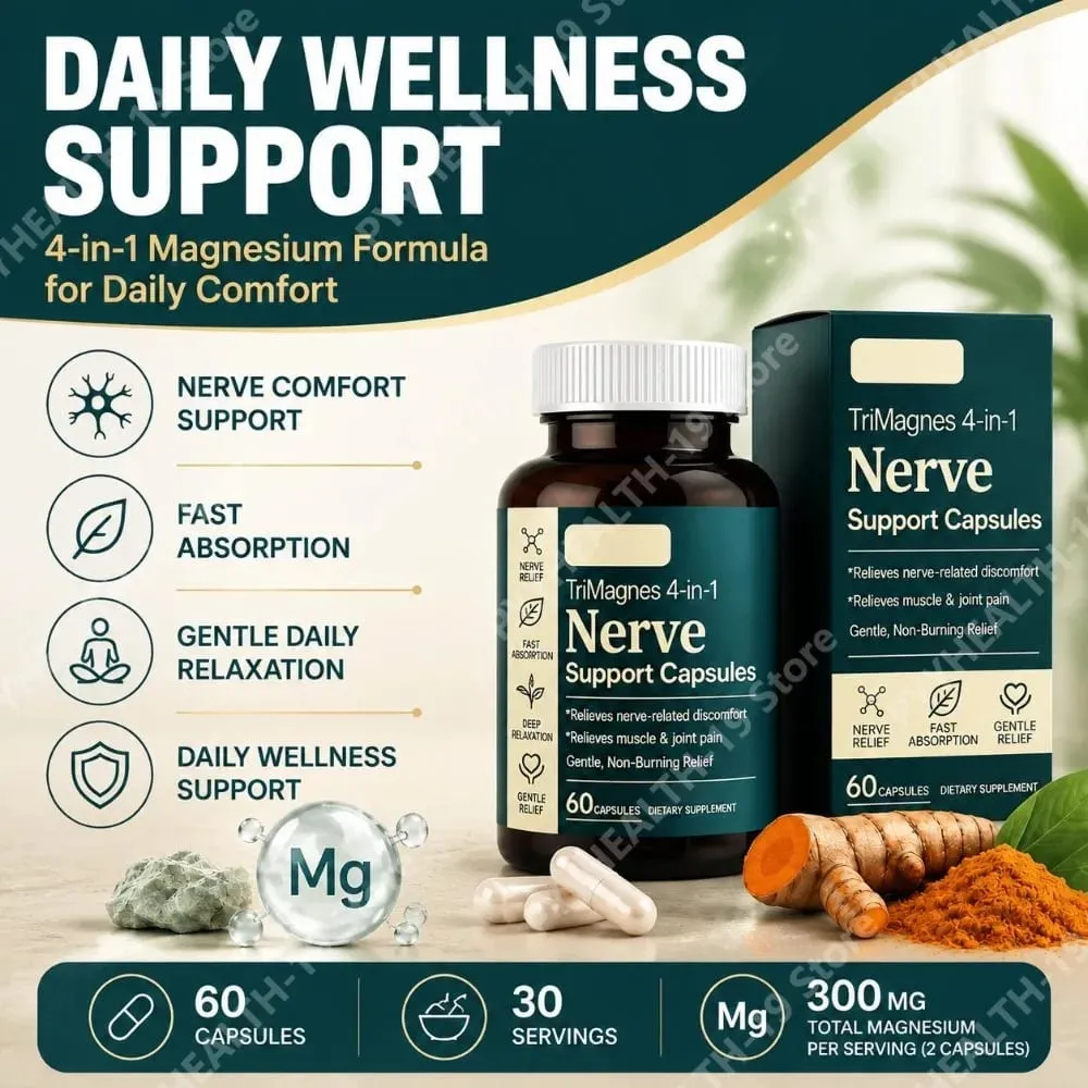 Kapsul Kompleks Magnesium 4-dalam-1 TriMagnes 300mg dengan Citrate Glycinate Malate Turmeric untuk Keselesaan Saraf Otot Relakskan 60 Ct