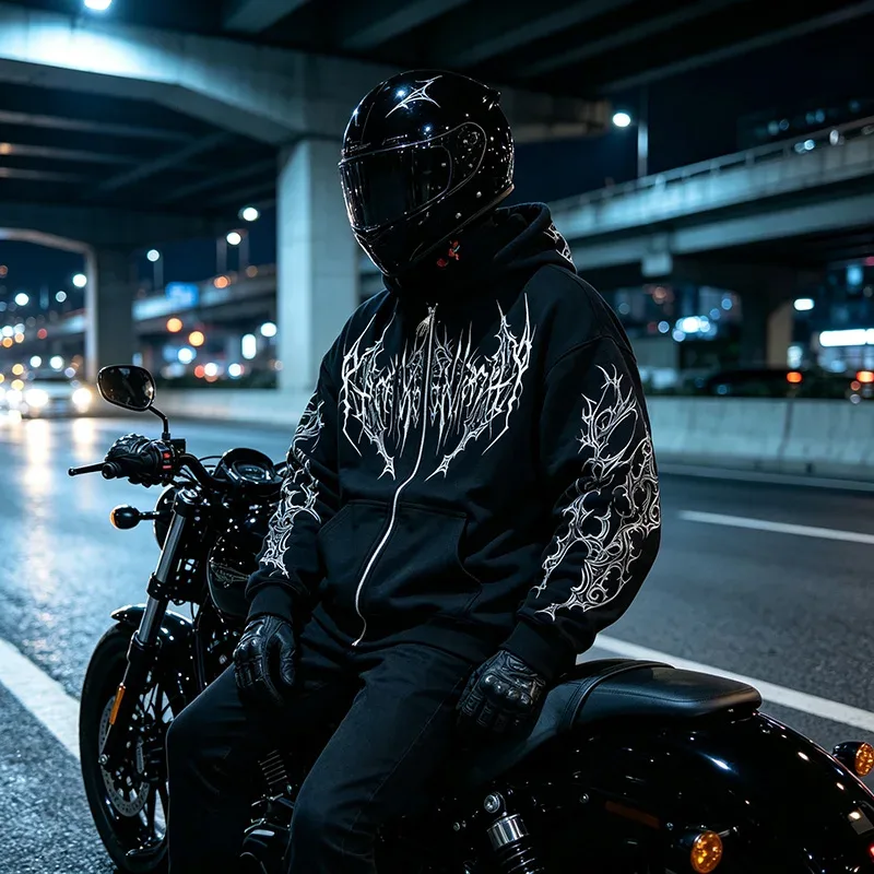 Men Alt Gothic Zip Up Hoodie Y2k High Street American Style Dark Thorn Print Fleece Lined Loose Biker Fall Winter Sweatshirt — image 3