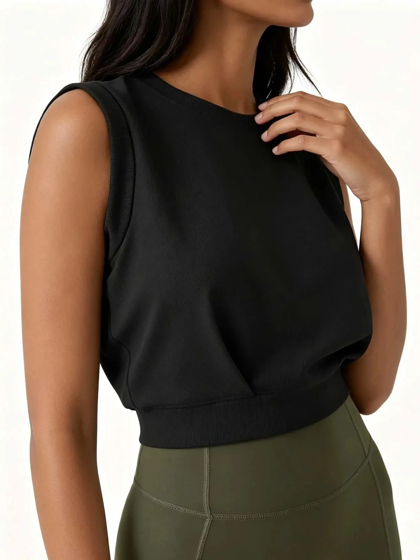Dámský žebrovaný crop top bez rukávů s kulatým výstřihem, jednobarevný, volný sportovní top ležérní fitness top na běhání na jógu