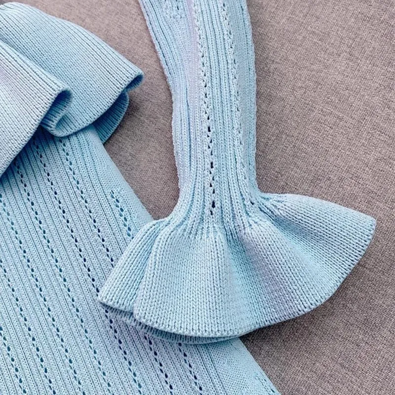YuooMuoo marca de moda de una pieza de punto Maxi Vestido de mujer elegante con cuello en V con volantes cintura delgada ceñido al cuerpo suéter Vestido de fiesta