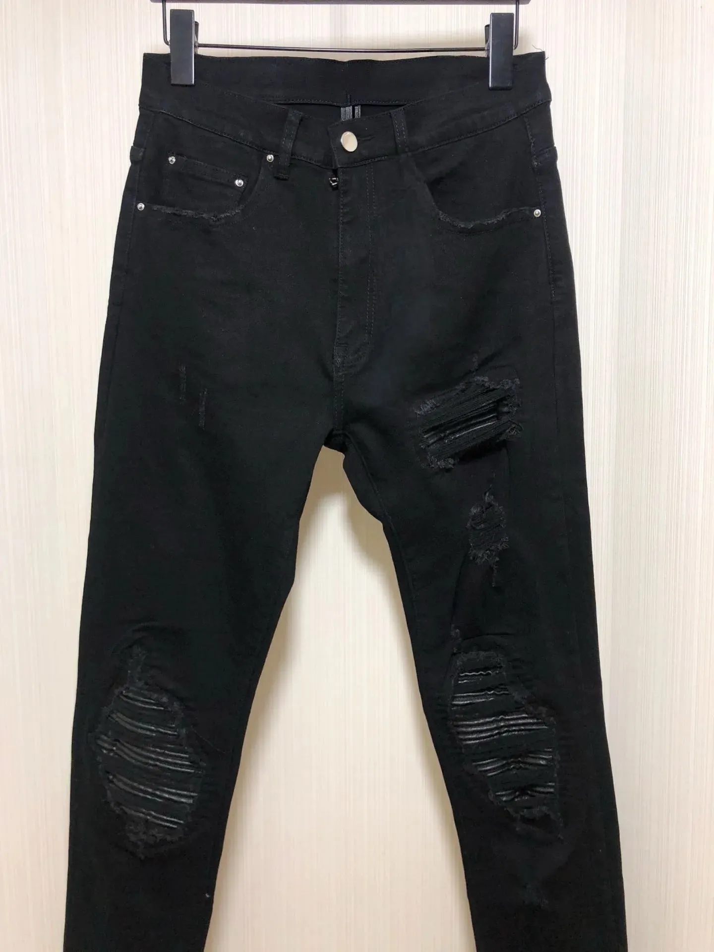Men's Black Distressed Skinny Jeans ripped knee denim pants Destroyed Biker Style