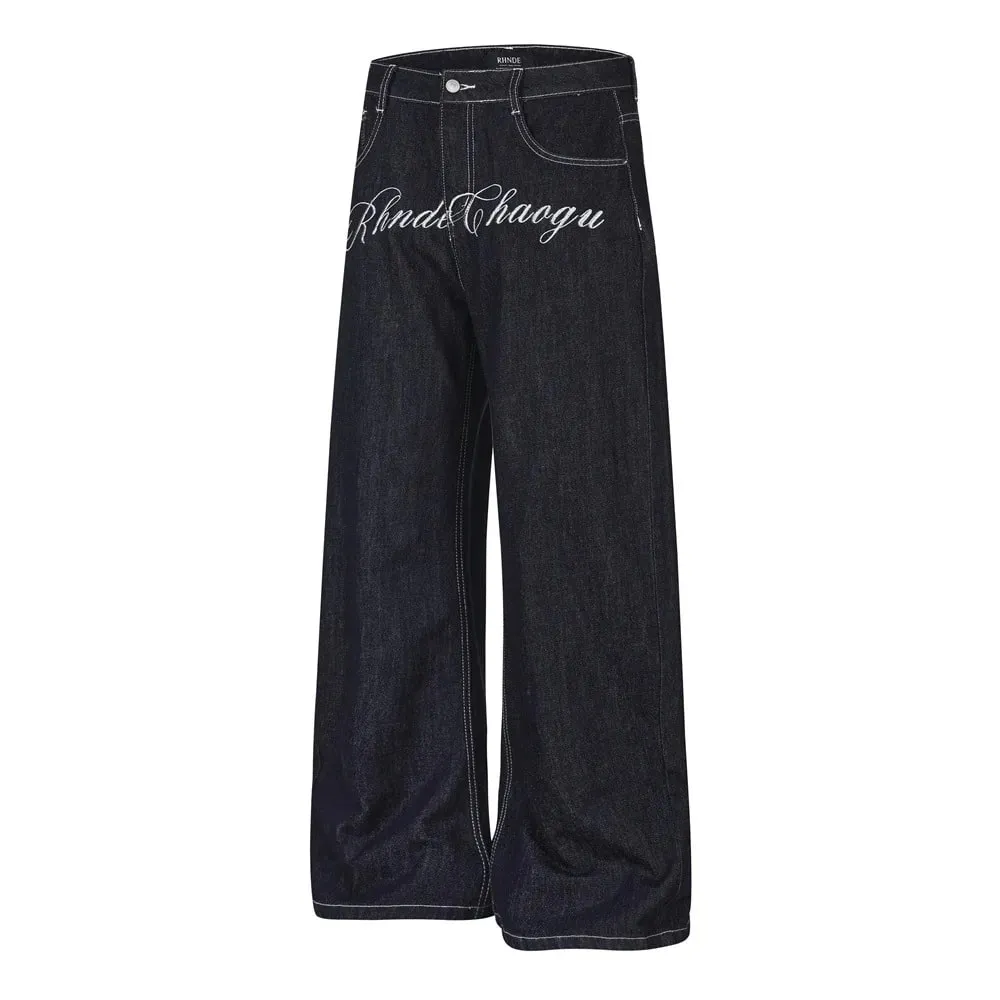 Men's Jeans High Street Trendy Vibe Workwear Letter Floral Embroidery Unique Loose Wide-Leg Trousers 2026 Autumn 17559 — image 3