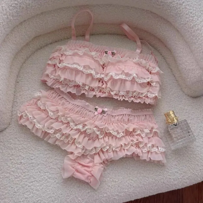 Japanse Zoete Lolita Stijl Beha Slipje Lingerie Set Vrouwen Sexy Bloemen Kanten Ruches Slips Kawaii Ondergoed Panty Intimates Sets