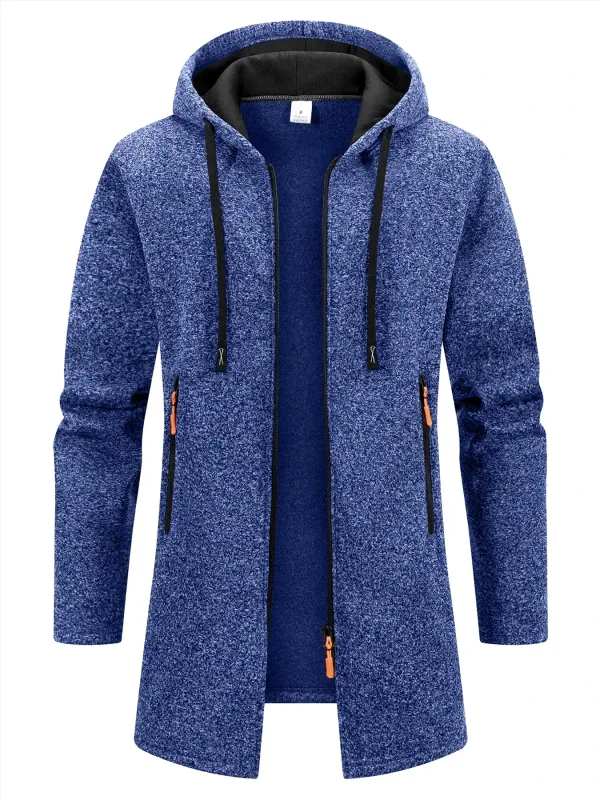 2Pcs Set Men Mid-Length Full Zip Hooded Jacket Fleece Lined Warm Coat with Drawstring Hood & Zipper Pockets Casual Outerwear for Fall Winter Daily Wear — image 3
