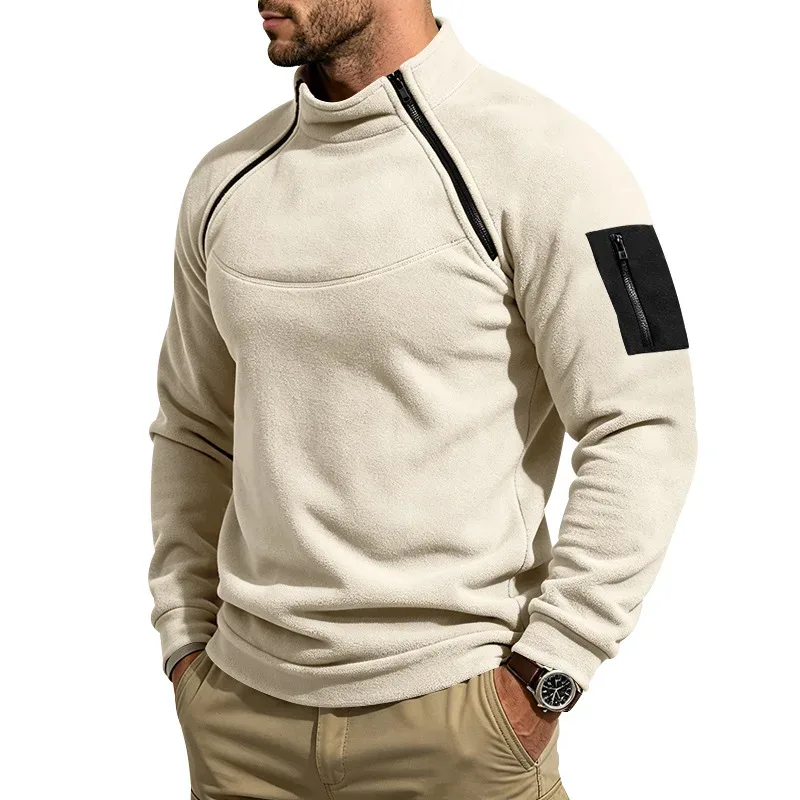 Men Fleece Stand Collar Sweatshirt Diagonal Zipper Arm Pocket Long Sleeve Loose Casual Pullover Autumn Winter Outdoor Tops — image 14