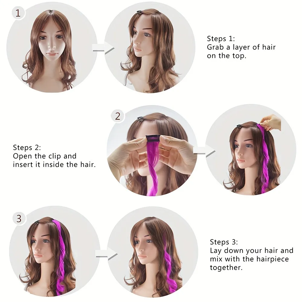 5pcs/set Colorful Clip In Synthetic Hair Extension Rainbow Long Straight Hairpieces For Women Girl Kids Y2K Style Daily Party — image 5