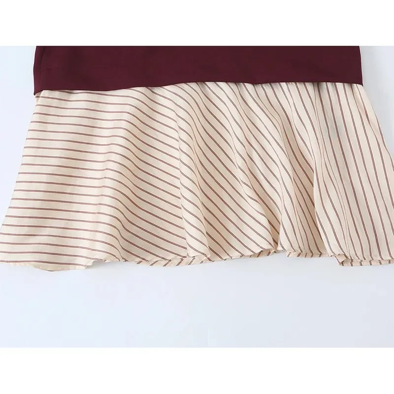 Ladies Lapel Collar Half Zipper Autumn Dress Color Block Striped Patchwork Long Sleeve Pocket Casual A‑Line Short Dresses — image 4